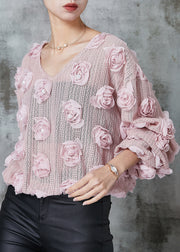 Pink Floral Knit Cozy Shirt Nail Bead Spring