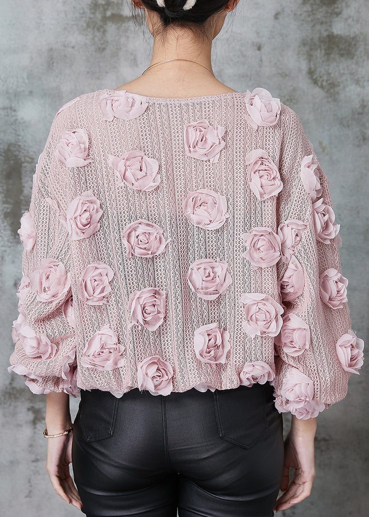 Pink Floral Knit Cozy Shirt Nail Bead Spring