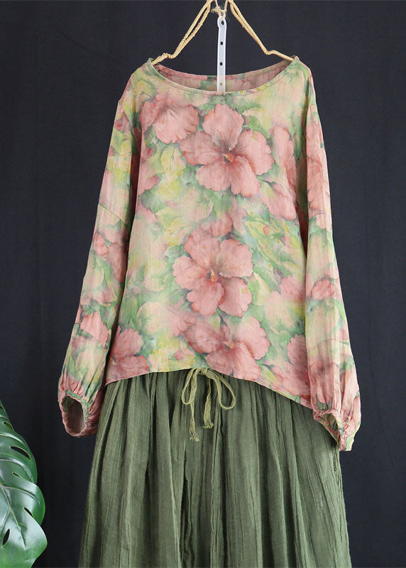 Pink Floral Patchwork Linen Tops O Neck Wrinkled Spring