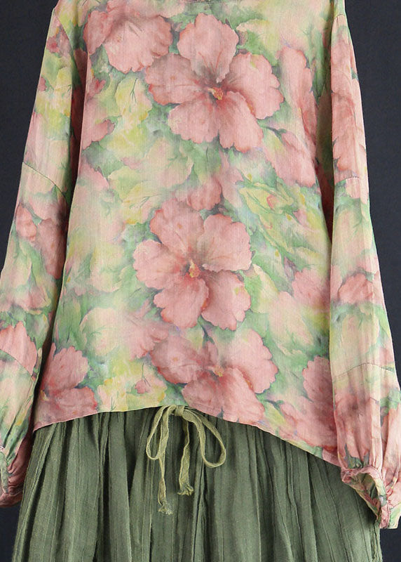 Pink Floral Patchwork Linen Tops O Neck Wrinkled Spring