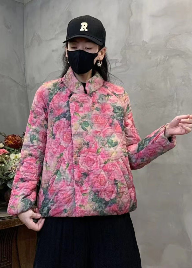 Pink Floral Print Fine Cotton Filled Coat Mandarin Collar Winter