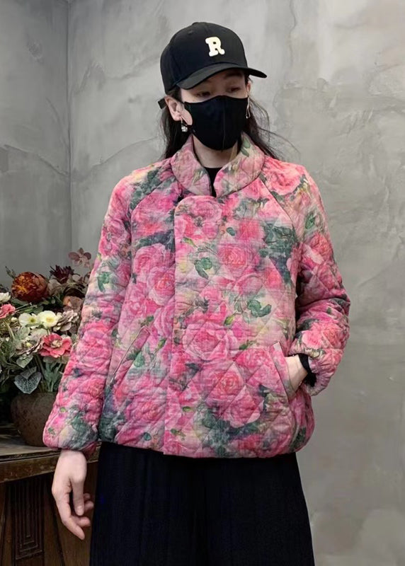 Pink Floral Print Fine Cotton Filled Coat Mandarin Collar Winter