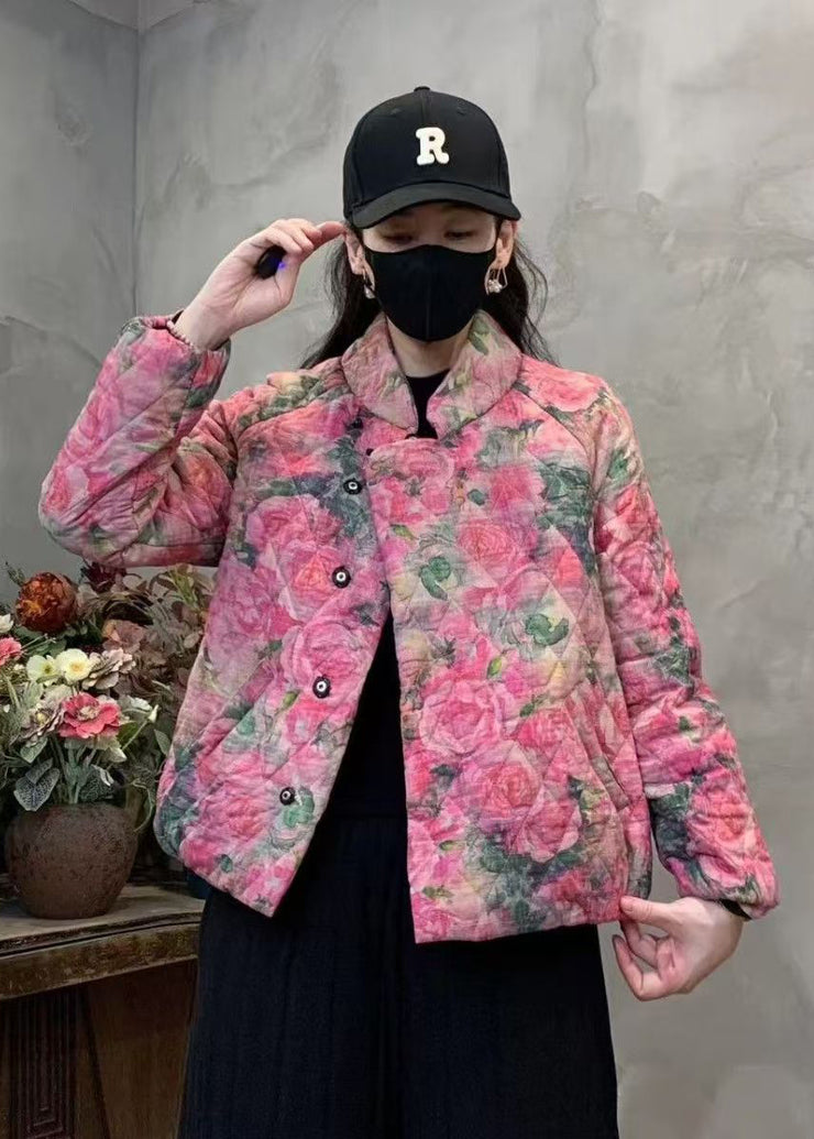 Pink Floral Print Fine Cotton Filled Coat Mandarin Collar Winter