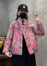 Pink Floral Print Fine Cotton Filled Coat Mandarin Collar Winter