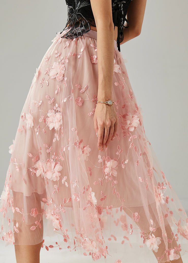 Pink Floral Tulle Beach Skirts Embroidered Summer