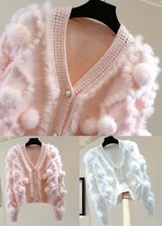 Pink Fuzzy Ball Decorated Cotton Knitted Sweater Long Sleeve