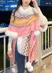 Pink Fuzzy Ball Patchwork Knit Cape Coats V Neck Half Sleeve