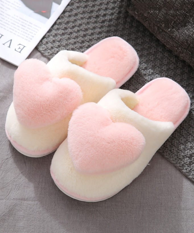 Pink Fuzzy Wool Lined Slippers Shoes Cute Splicing Heart