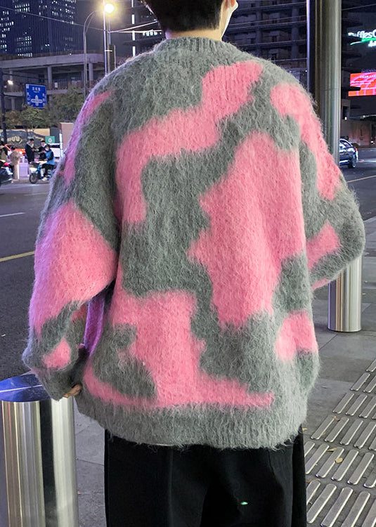 Pink Geometric Cozy Knit Men Sweater O Neck Winter