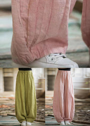 Pink High Waist Linen Wide Leg Pants Pockets
