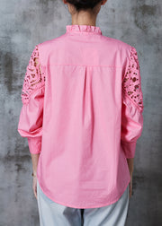 Pink Hollow Out Cotton Shirt Top Ruffled Summer
