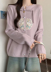 Pink Knit Coats Button Tassel Embroidered Fall