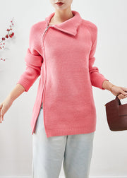 Pink Knit Sweater Top Asymmetrical Zippered Winter