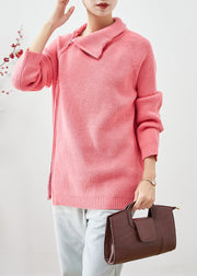 Pink Knit Sweater Top Asymmetrical Zippered Winter