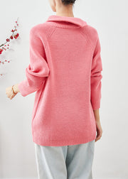 Pink Knit Sweater Top Asymmetrical Zippered Winter