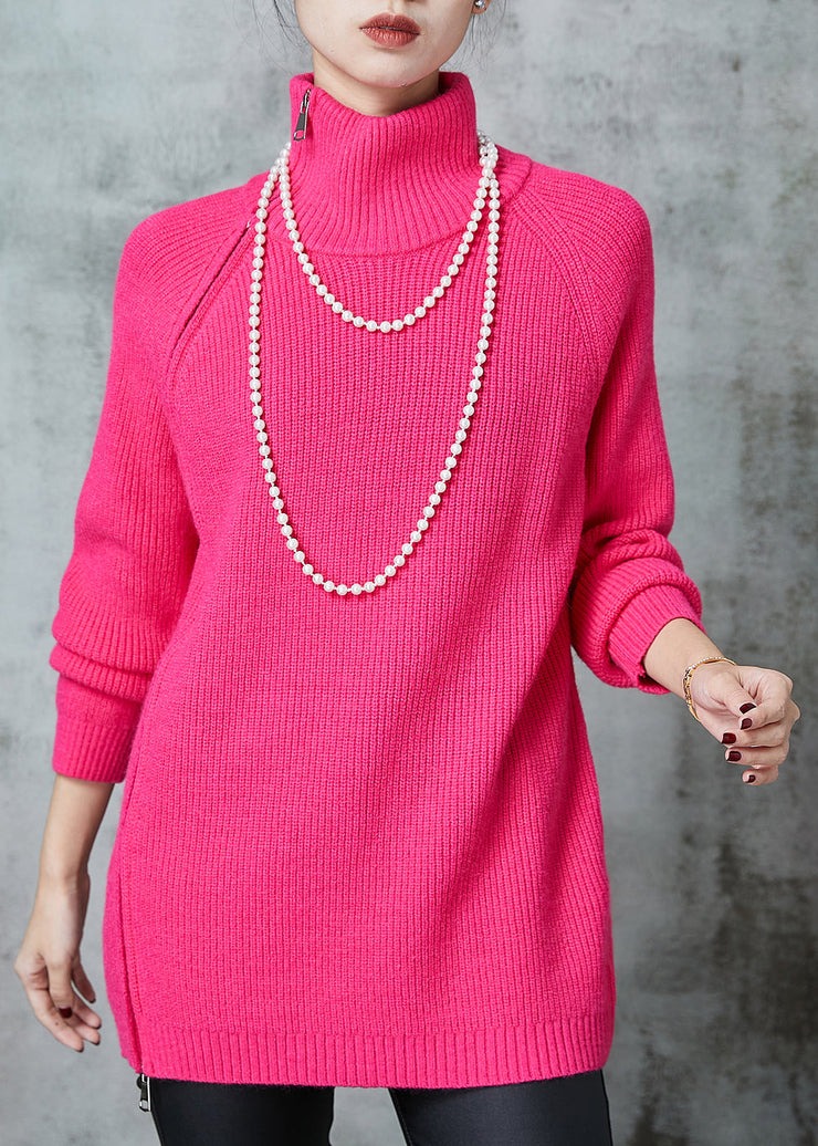 Pink Knit Sweater Tops Asymmetrical Zippered Spring