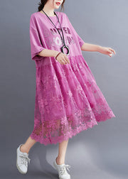 Pink Lace Patchwork Cotton Maxi Dresses Oversized Letter Print Half Sleeve