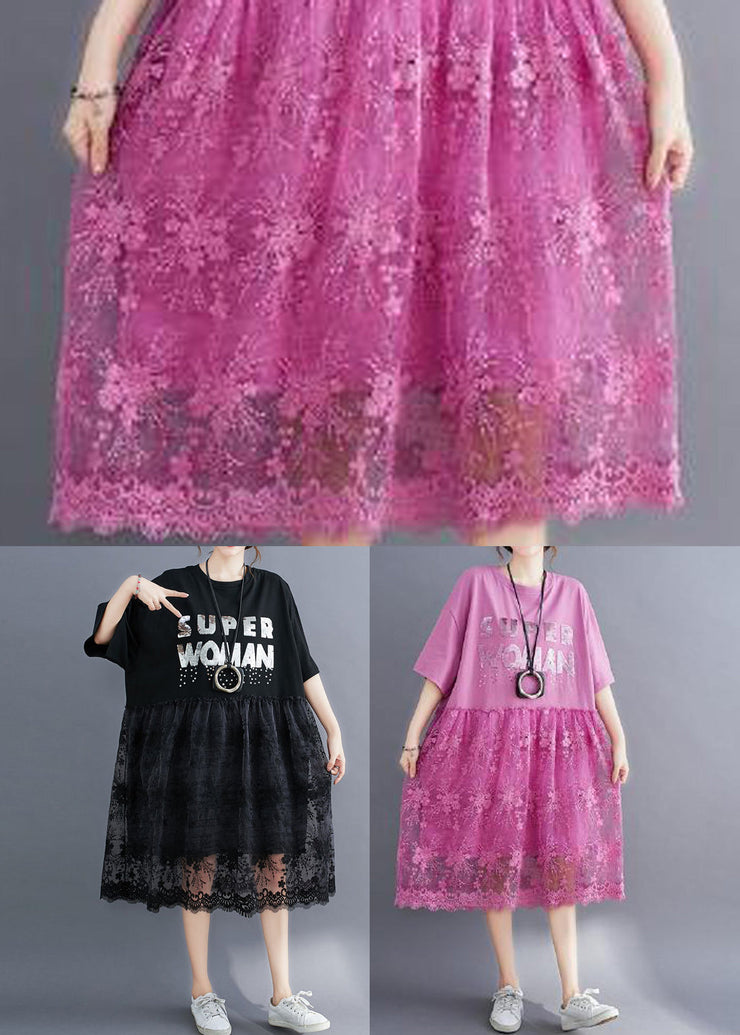 Pink Lace Patchwork Cotton Maxi Dresses Oversized Letter Print Half Sleeve