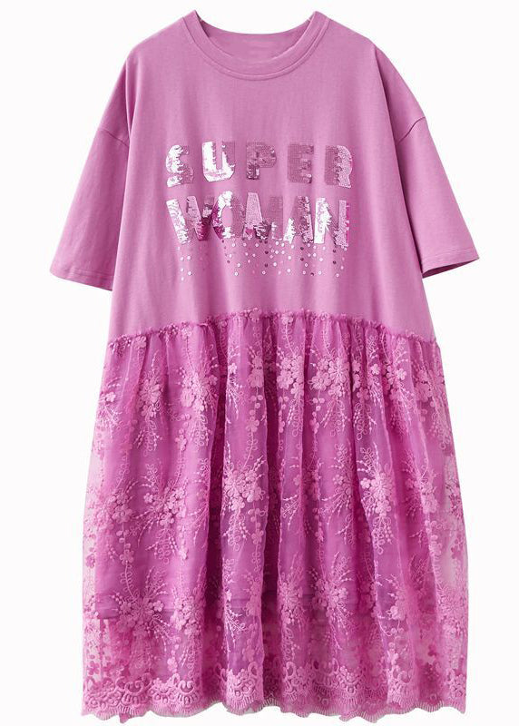 Pink Lace Patchwork Cotton Maxi Dresses Oversized Letter Print Half Sleeve