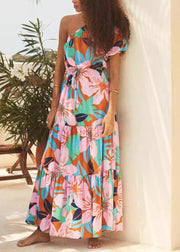 Pink Lace Up Cotton Long Dresses One Shoulder Summer