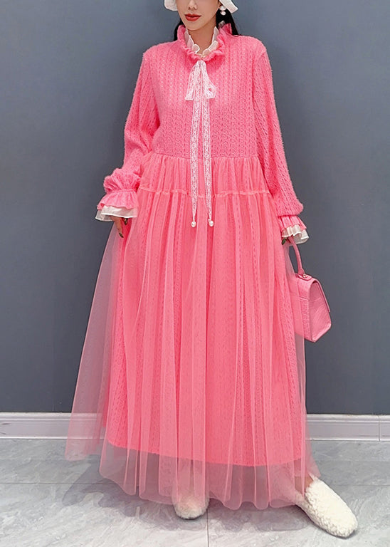 Pink Lace Up Patchwork Lace Long Dresses Spring