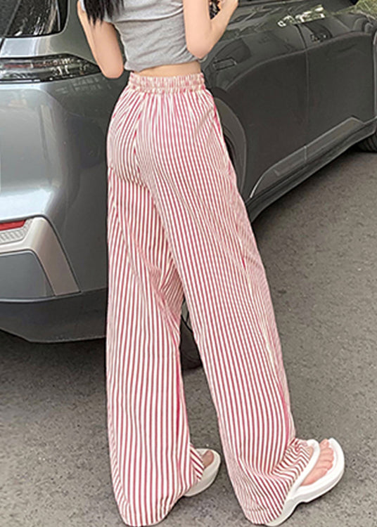 Pink Lace Up Pockets Cotton Pants High Waist Summer