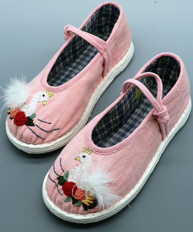 Pink Linen Fabric Flat Shoes For Women Embroidery Splicing Buckle Strap