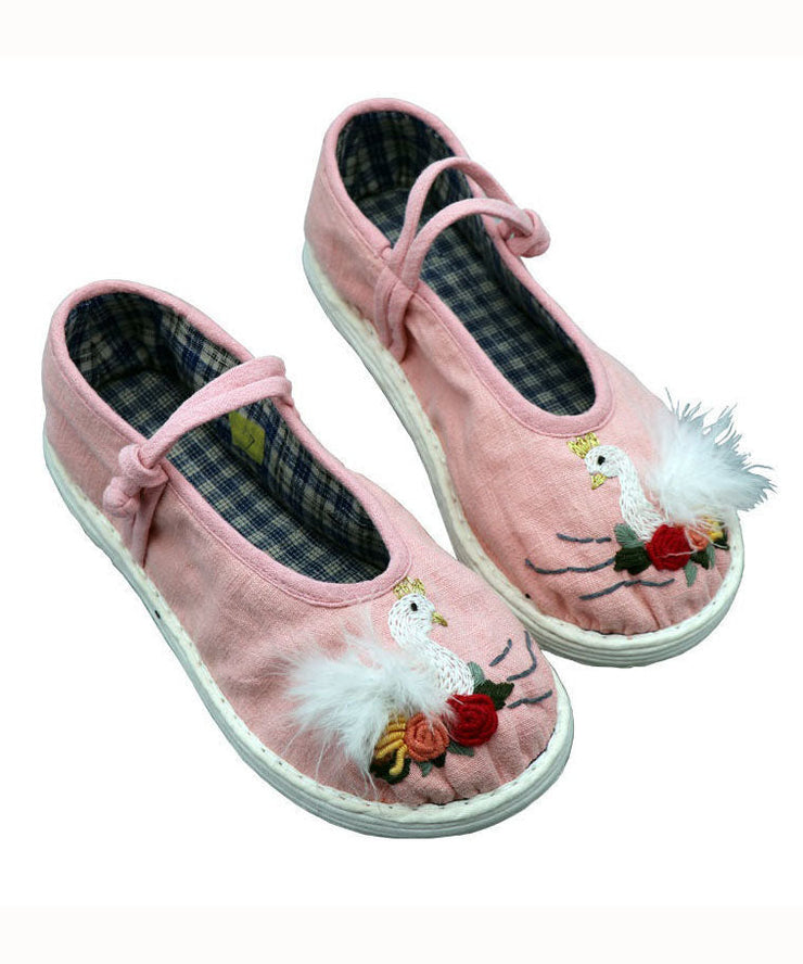 Pink Linen Fabric Flat Shoes For Women Embroidery Splicing Buckle Strap