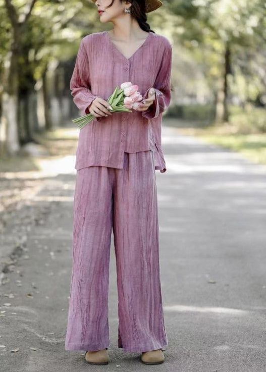 Pink Linen Two Piece Set Asymmetrical Wrinkled Spring
