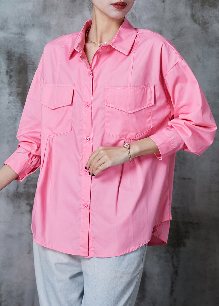 Pink Loose Cotton Shirt Tops Wrinkled Pockets Summer