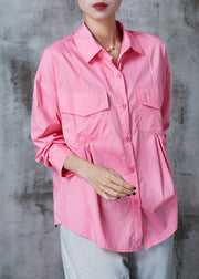 Pink Loose Cotton Shirt Tops Wrinkled Pockets Summer
