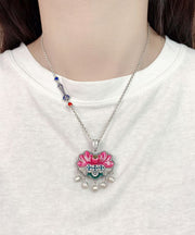 Pink Lotus Tassel Enamel Colorful Retro Style Pendant Necklace