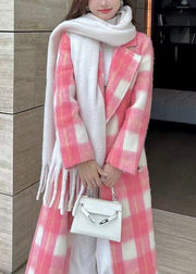 Pink Notched Tie Waist Maxi Woolen Coat Long Sleeve