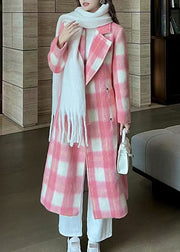 Pink Notched Tie Waist Maxi Woolen Coat Long Sleeve