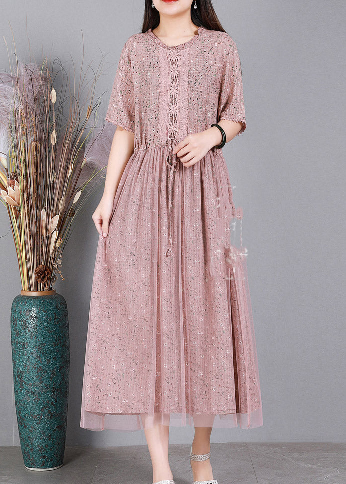 Pink O-Neck Embroideried Floral Tulle Long Dresses Summer