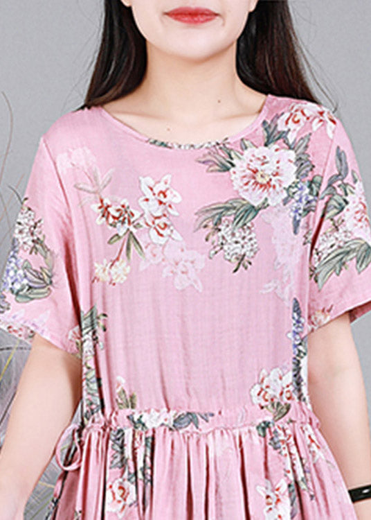 Pink O-Neck Print Drawstring Linen Dresses Short Sleeve