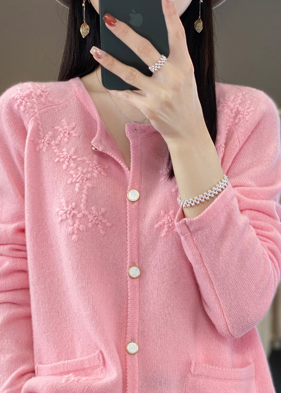 Pink O-Neck Solid Cashmere Knit Cardigan Fall