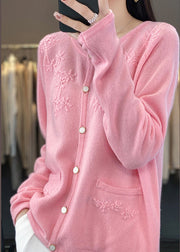 Pink O-Neck Solid Cashmere Knit Cardigan Fall