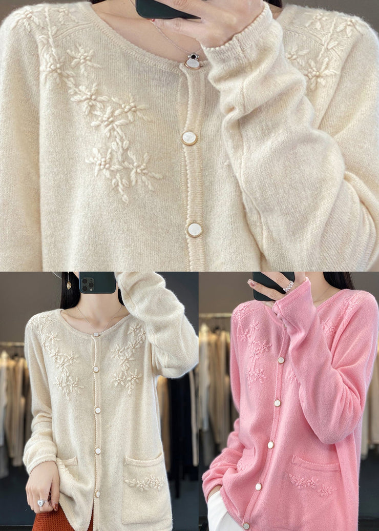 Pink O-Neck Solid Cashmere Knit Cardigan Fall