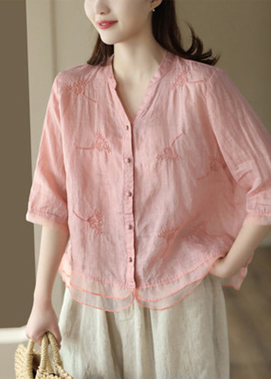 Pink Organza Patchwork Button Ramie Top Summer