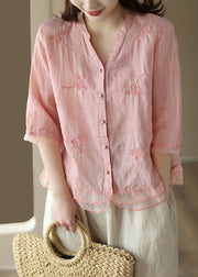 Pink Organza Patchwork Button Ramie Top Summer