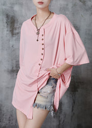 Pink Oversized Cotton Tank Tops Asymmetrical Summer