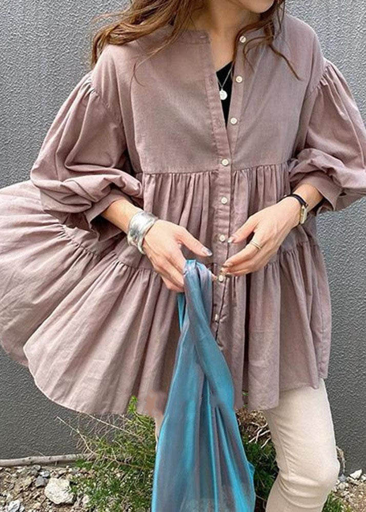 Pink Patchwork Chiffon Blouse Tops O Neck Lantern Sleeve