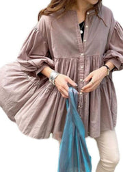 Pink Patchwork Chiffon Blouse Tops O Neck Lantern Sleeve