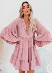 Pink Patchwork Chiffon Maxi Dresses Ruffled V Neck Summer