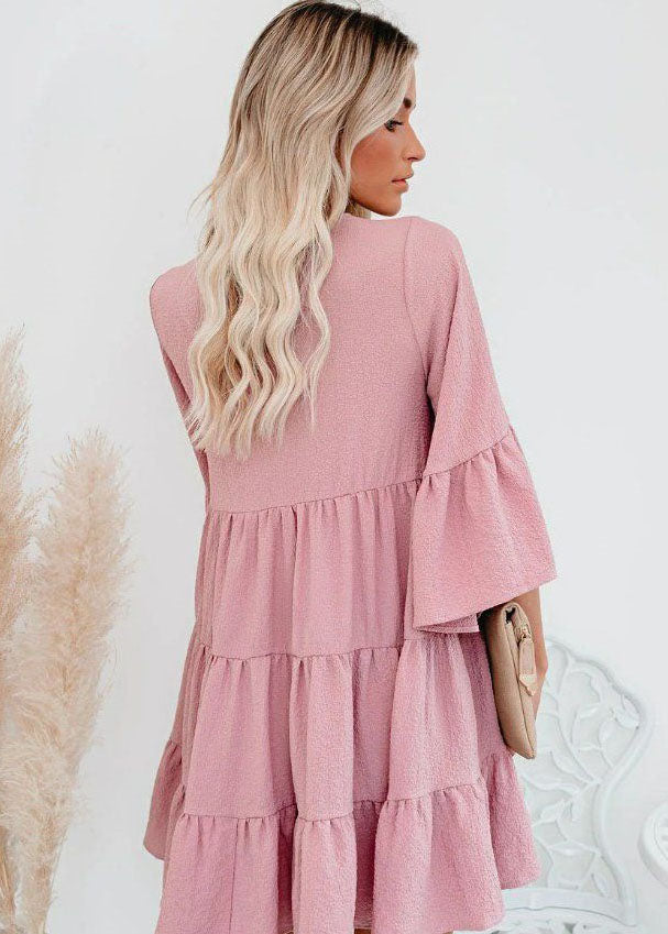 Pink Patchwork Chiffon Maxi Dresses Ruffled V Neck Summer