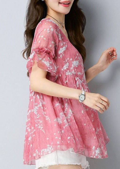 Pink Patchwork Chiffon Shirt O Neck Wrinkled Summer