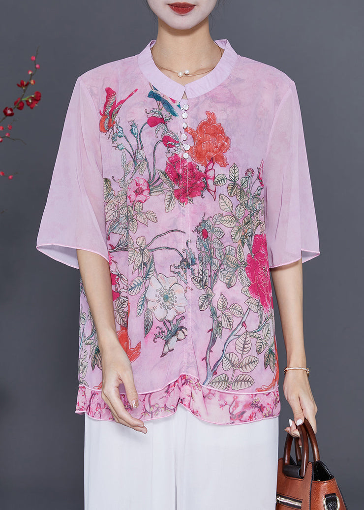 Pink Patchwork Chiffon Shirt Oversized Print Summer