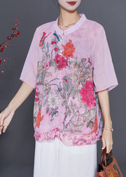 Pink Patchwork Chiffon Shirt Oversized Print Summer