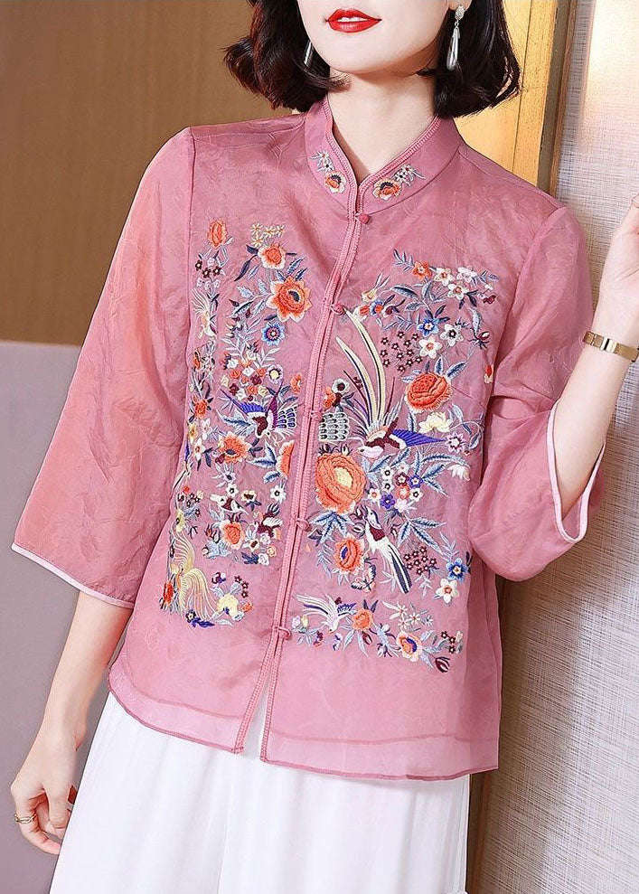 Pink Patchwork Chiffon Shirts Embroidered Stand Collar Button Summer